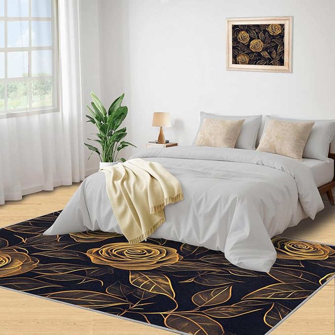 Rose Rugs for Bedroom - 4x6 Area Rug - Black Gold Flowers Rugs for Living Room, European Light Luxury Flowers Rug, Washable Home Decor Carpet