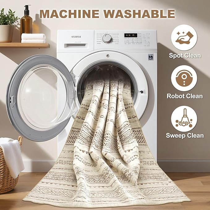 Nakagishi 7x10 Area Rug Living Room: Washable Boho Large Neutral Modern Soft Farmhouse Rugs Stain Resistant Indoor Floor Non-Slip Carpet for Bedroom Nursery Kids Playroom Office Dining Room- Brown