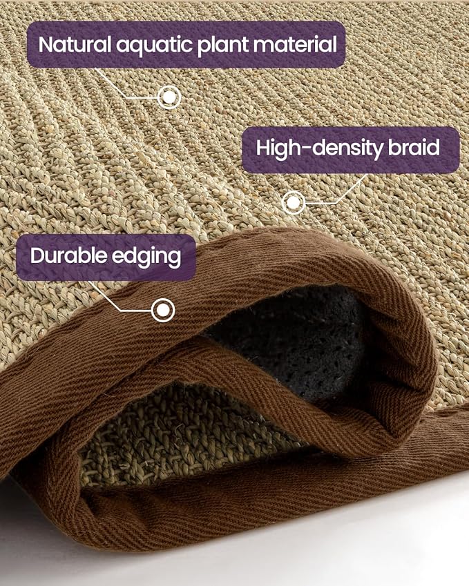 DEXI Area Rug Natural Fiber 8x10, Braided Woven Seagrass Rugs No Shed, Large Soft Neutral Rustic Carpet Mat for Indoor Entryway Outdoor Patio Dining Living Room Bedroom Farmhouse, Natural