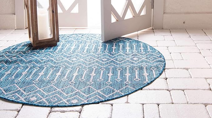 Unique Loom Outdoor Trellis Collection Area Rug - Tribal Trellis (4' 1" Round, Teal/ Ivory)