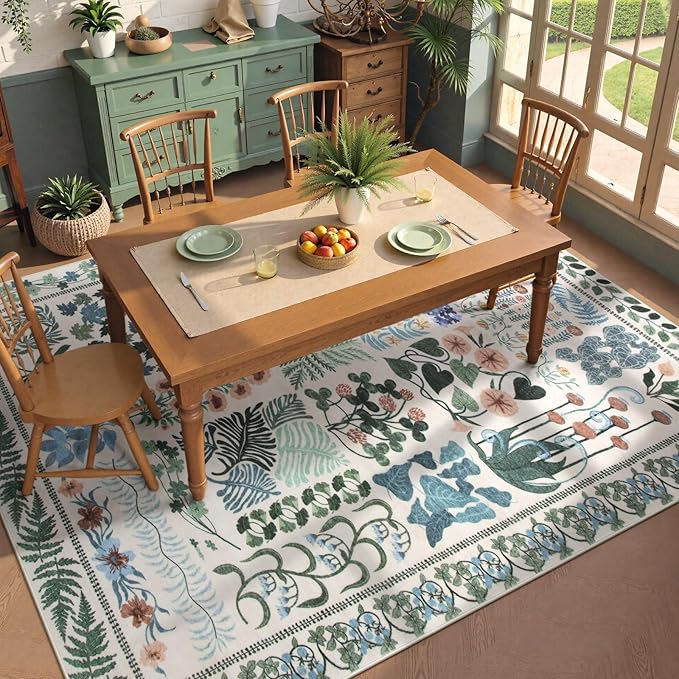 Floral Boho Washable Area Rug for Bedroom, Large Botanical Living Room Rugs 8x10, Non Slip Soft Indoor Throw Carpet for Home Office Nursery Dining Room Playroom (Beige,8 x 10)