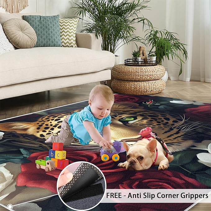 Leopard Rugs for Bedroom - 3x4 Area Rug - Flowers Leopard Rugs for Living Room, 3D Flowers Animal Rug, Washable Home Decor Carpet