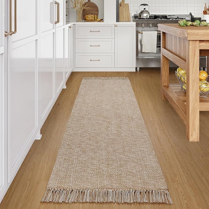 Collive Long Hallway Runner Rug 2.6' x 7', Washable Runners Indoor Entryway Rugs, Tan/Cream Braided Woven Kitchen Carpets Low Profile Front Door Floor Mat for Laundry Room Bedroom Doorway