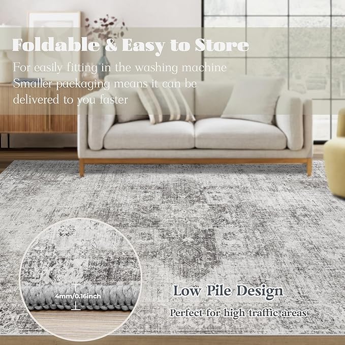 Area Rug 9x12 Washable Rug, Vintage Boho Medallion Rugs Non-Slip Soft Low Pile Large Distressed Rug Indoor Retro Carpet for Living Room Bedroom Dining Room Home Office (Grey, 9'x12')