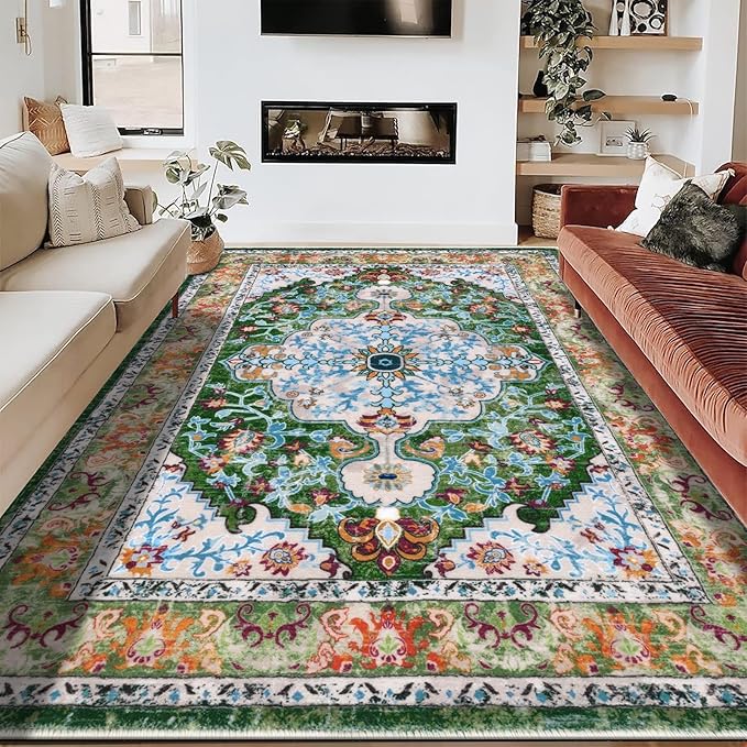 U'Artlines Boho Vintage Area Rug 6x9 Machine Washable Low Pile Soft Floor Carpet Non Slip Non Shedding Accent Rug for Living Room Bedroom Entryway Dining Room Office Green