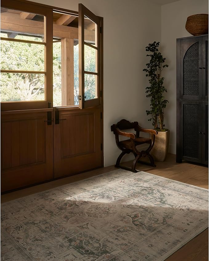 RUGGABLE Washable Vintage Area Rug – Sarrah Sage 5x7, Stain-Resistant, Non-Slip – Medium Machine Washable Rugs for Living Room, Bedroom, Hallway, Entryway & Office–with Cushioned Pad