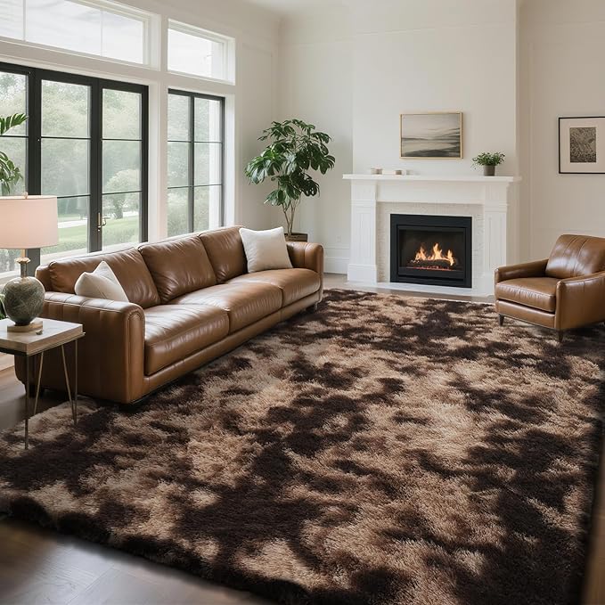Fluffy Rug Shaggy Area Rug, Mottling Brown 9x12 Area Rugs for Living Room, Large Shag Area Rugs for Bedroom Kids Room Home Decor, Upgrade Anti-Skid Rectangular Fuzzy Rugs