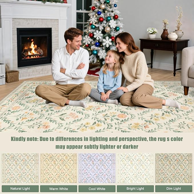 10x14 Area Rugs for Living Room: Floral Washable Rug Vintage Large Soft Boho Non-Slip Carpet Stain Resistant Low Pile Carpets for Bedroom Dining Room Farmhouse Nursery Hallway Home Office Beige/Multi