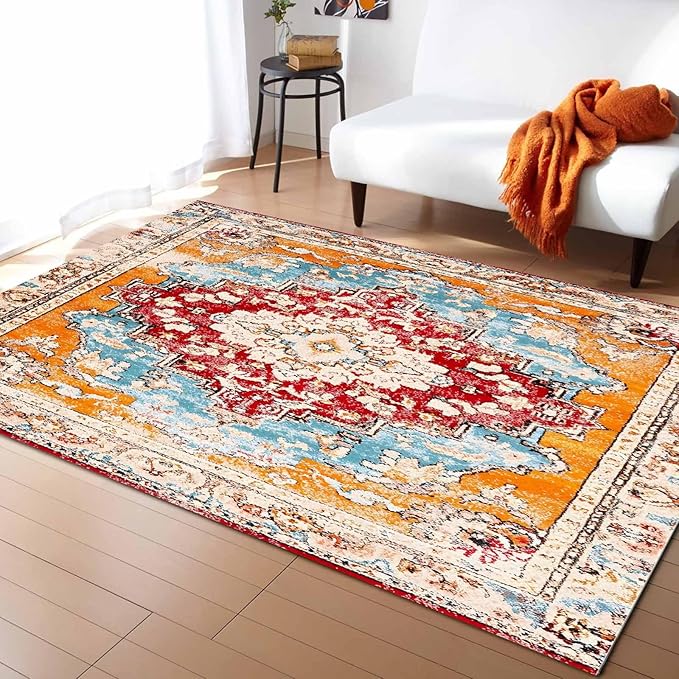 Bohemian Pattern Rectangular Area Rugs for Living Room Bedroom 2.8 x 5 ft Red & Orange Abstract Non-Shedding Soft Low Pile Rug Non Slip Washable Rug for Nursery Entryway Playroom