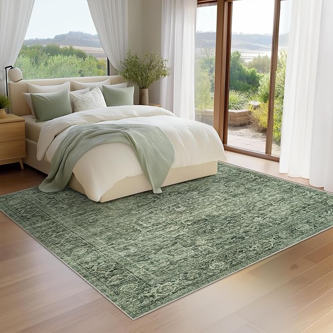 Fmfunctex 8x10 Washable Area Rug Green Vintage Neutral Distressed Oriental Large Non Slip Retro Carpet for Living Room Bedroom Soft Low Pile Indoor Mat Throw Rug for Dining Room Kitchen Office Nursery