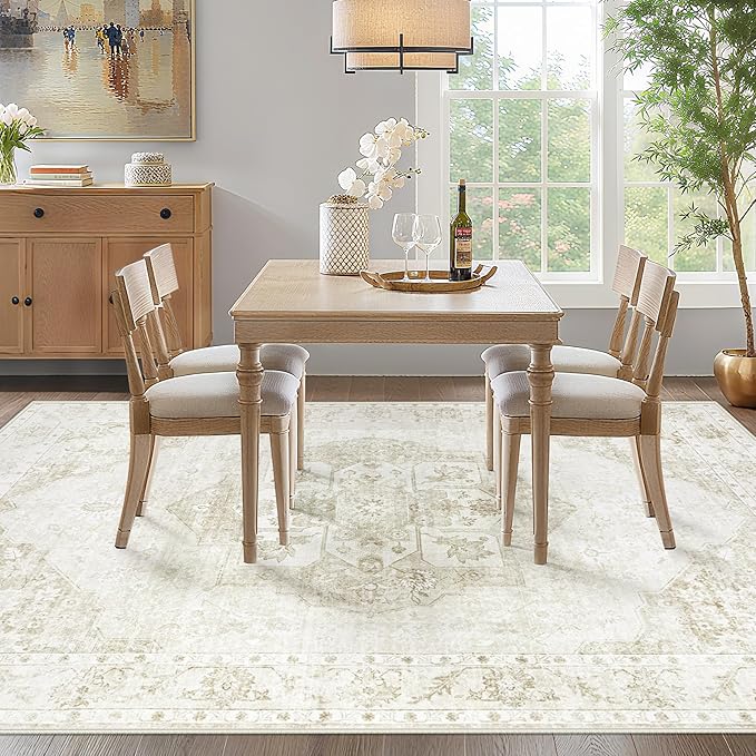 6x9 Area Rugs Washable Rugs for Living Room, Vintage Boho Rug Non-Slip Soft Floral Distressed Rug Low Pile Stain Resistant Carpet for Bedroom Nursery Office Dining Room Farmhouse Dorm(Beige, 6'x9')