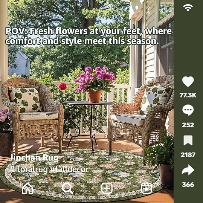 jinchan Elora 8ft Floral Round Rug for Dining Room Washable Living Room Rug Vintage Romance Design Non Slip Indoor Floor Cover Lightweight Low-Profile Throw Carpet for Bedroom Porch Patio, Green