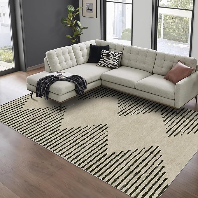 HelloTree Area Rug for Living Room 9x12 Washable Geometric Moroccan Rug Stripe Farmhouse Bohemian Minimalistic Non Slip Non Shedding Ultra Thin Soft Rug for Bedroom Office DiningRoom Nursery-Cream