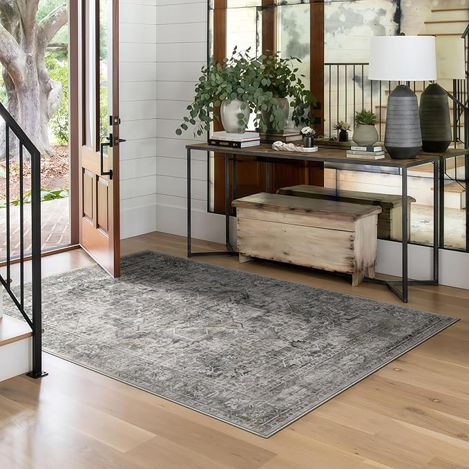 4x6 Machine Washable Area Rug for Living Room, Olive Grey Boho Vintage Floral Rug Large Non-Slip Low Pile Soft Faux Wool Carpet, Kids and Pets Friendly for Bedroom Dining Room Farmhouse Decor Rug