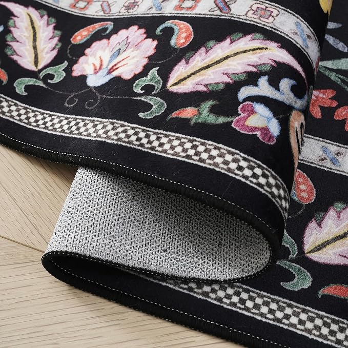 Area Rug 4x6 Rug Washable Rugs Floral Non Slip Low Pile Small Carpet for Bedroom, Bedside, Kids Room, Office, Dining Room (Vibrant Black)
