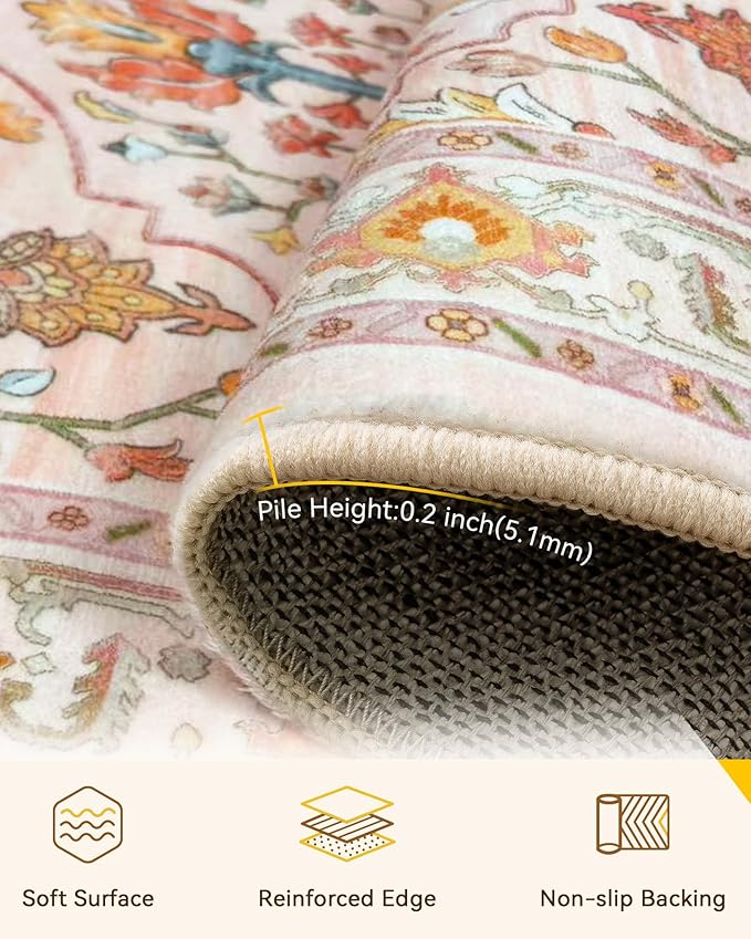 Area Rugs 2'6''x14' Washable Non-Slip, Floral Vintage Distress Print Pattern Medallion Carpet for Living Room Bedroom Dining Room, Light Pink Colorful
