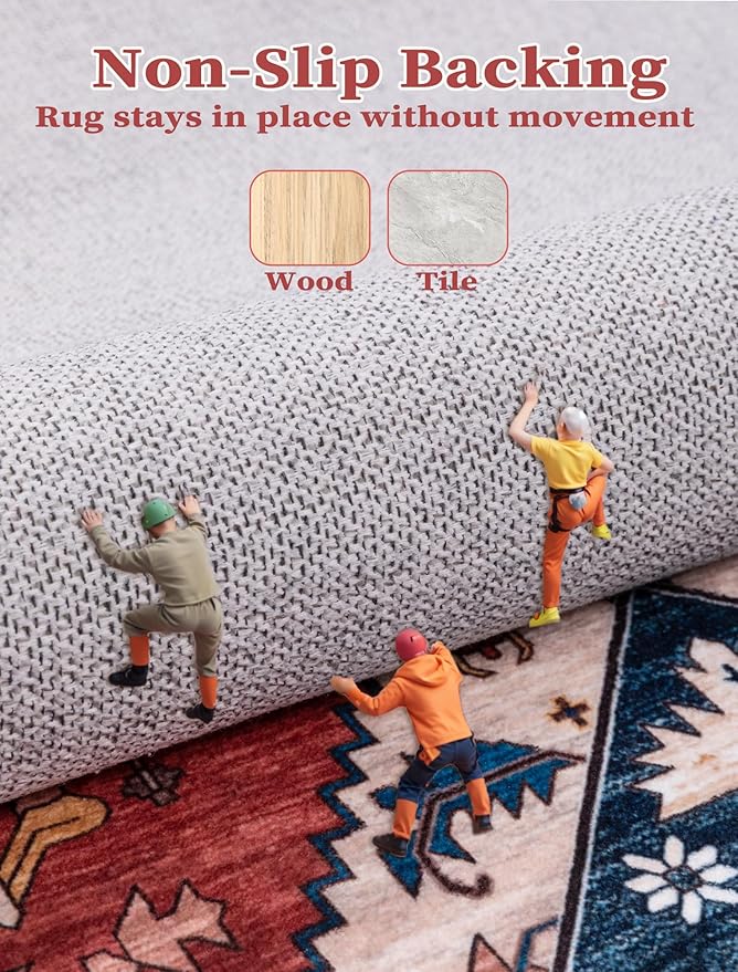 SERISSA Runner Rug for Hallways, 3x8 Washable Non Slip Kitchen Runner Rug, Long Boho Rug Vintage Rust Hallway Stair Ultra Soft Print Floor Carpet for Bedroom Bathroom Laundry Room