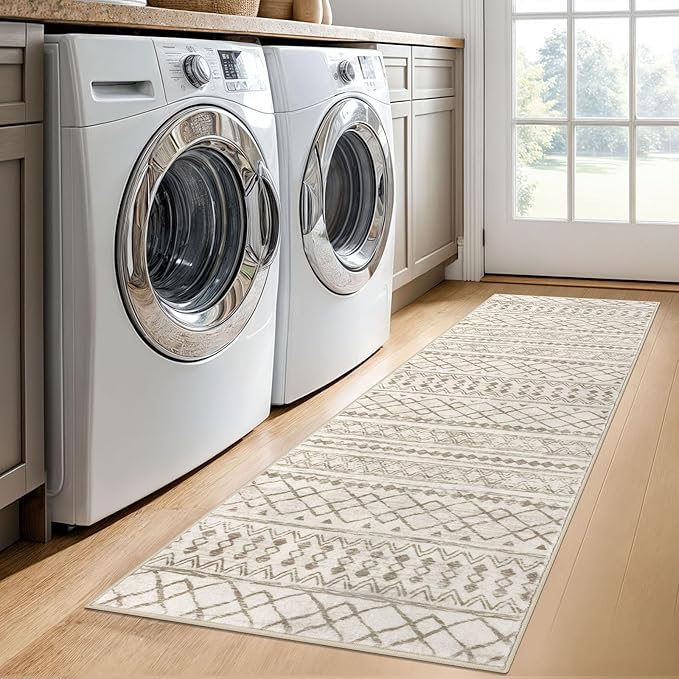 KUTA Moroccan Runner Rug 2x6 Non-Slip Vintage Beige Boho Hallway Kitchen Rugs Ultra Soft Print Distressed Geometric Runners for Hallways, Entryway Bedroom Laundry