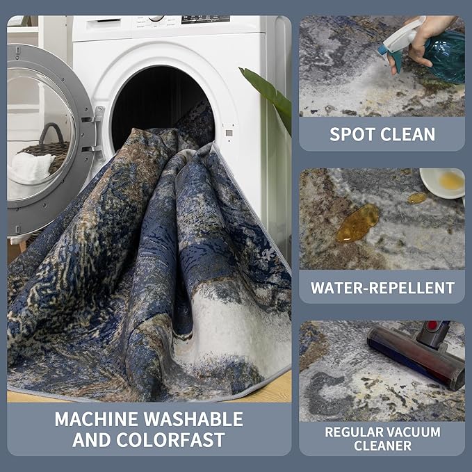Modern Washable Rug for Living Room: Abstract 10x14 Area Rugs for Bedroom Low Pile Non Slip - Stain Resistant Carpet for Dining Room Indoor - Blue Gold