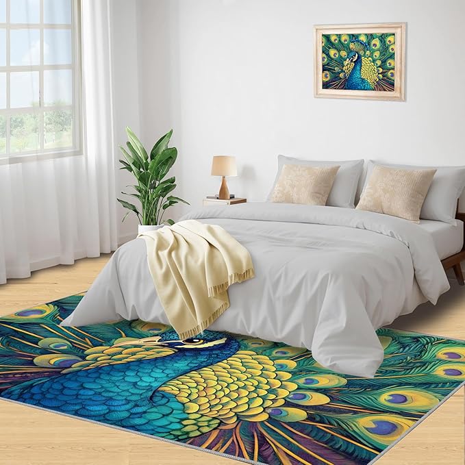 Peacock Rug 5x7-5x7 Rug, Wonderful Peacock Area Rugs for Bedroom, Teal Turquoise Rugs for Living Room, Modern Style Washable Mat, Malachite Green Feather Carpet - Peafowl Home Decor & Gifts