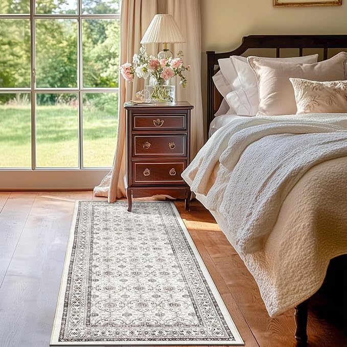 jinchan Floral Runner Rug 2x5 - Machine Washable Beige Vintage Distressed Design Soft Non-Slip Low-Pile Ultra-Thin Runner Rug for Kitchen Hallway Laundry Room Entryway Farmhouse (2‘x5', Beige)