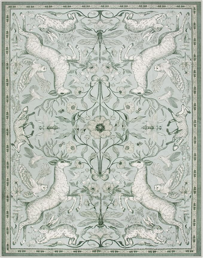 Lahome Boho Animal Washable Rugs for Living Room 8x10, Green Soft Rugs for Bedroom, Botanical Large Boho Non Slip Dining Room Carpet for Under Table Office Kids Playroom (8x10ft,Light Green)