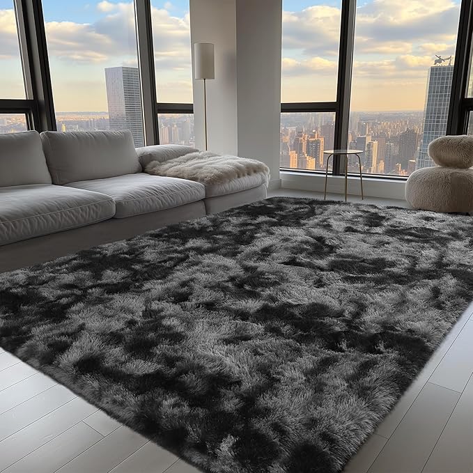 Zentavio Black and Grey Area Rugs for Living Room Large Men Room Carpet 8x10 Bedroom Fluffy Furry Shag Aesthetic Plush High Pile Floor Rug for Kids Room Dorm Home Decor Gray