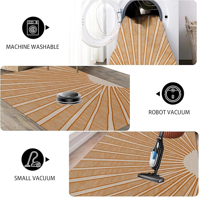Boho Sun Print Area Rug for Living Room 5x6, Modern Abstract Non-Slip Washable Rugs, Soft Stripe Minimalism Carpet for Bedroom, Nursery, Entryway, Dining Room & Office Decor, Orange White