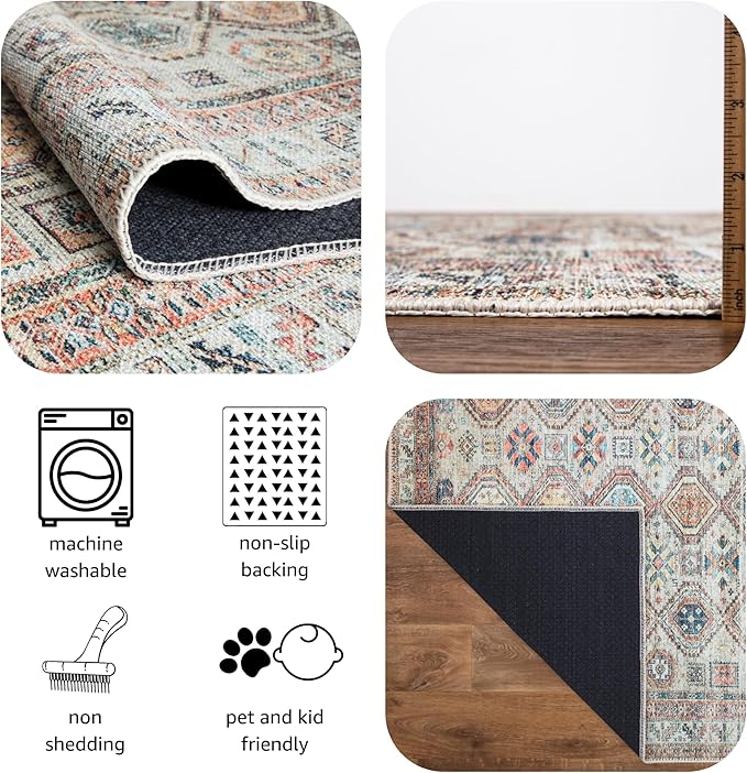 Keen Home Design 8x10 Rug - Machine Washable Area Rug with Non-Slip Backing, Ideal for Living Room, Dining Room, Bedroom - Vintage, Easy Clean, Durable, Low Pile Rug - (8' x 10')