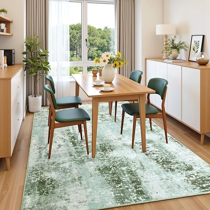 Washable Abstract Rug, 3x5 Modern Area Rugs with Non-Slip Rubber Backed for Bedroom, Thin but Soft Contemporary Carpet Kitchen Living Room Decor, Green