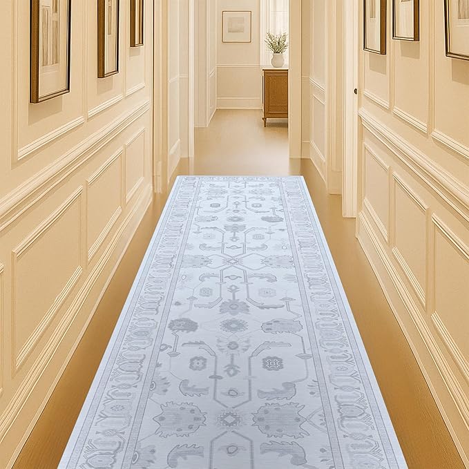Fame Living Beige Oushak Runner Rug, Modern Runners, Turkish, Eclectic, Floral, Pastel, Washable, Small Throw Rugs, Short Runner for Hallway, Entryway, Foyer, Bedroom, Kitchen, Bathroom, 2'5"x6'5"