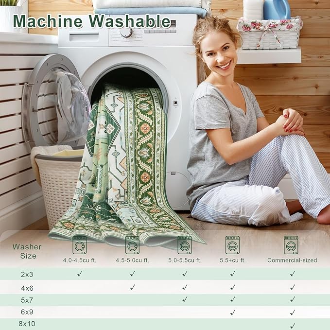 3x5 Green White Area Rug for Living Room, Machine Washable Rugs with Non-Slip Backing for Bedroom, Vintage Medallion Carpet Kitchen Laundry Kids Room Decor