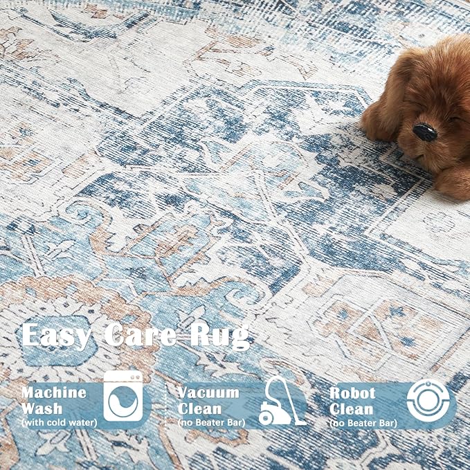 jinchan Kelda Round Rug 6ft Washable Area Rug Indoor Vintage Bedroom Floor Cover Distressed Circle Mat 6' Round Lightweight Non Slip Low Pile Thin Farmhouse Carpet for Living Room Dining Room Blue