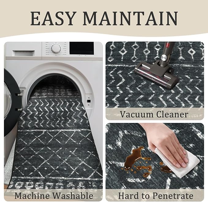 2x6 Machine Washable Runner Rug, Kitchen Hallway Area Rug, Black Vintage Moroccan Rug Ultra Non-Slip Low Pile Soft Faux Wool Carpet, Kids and Pets Friendly for Bedroom Entryway Bedside Decor Rug