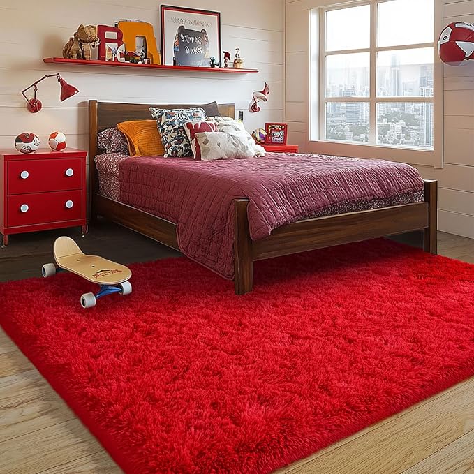 Red Fluffy Rug Plush Carpet for Bedroom Dorm, Non-Slip High Pile Rug, Shag Rug for Playroom Nursery Home Office Decor 5X7Ft