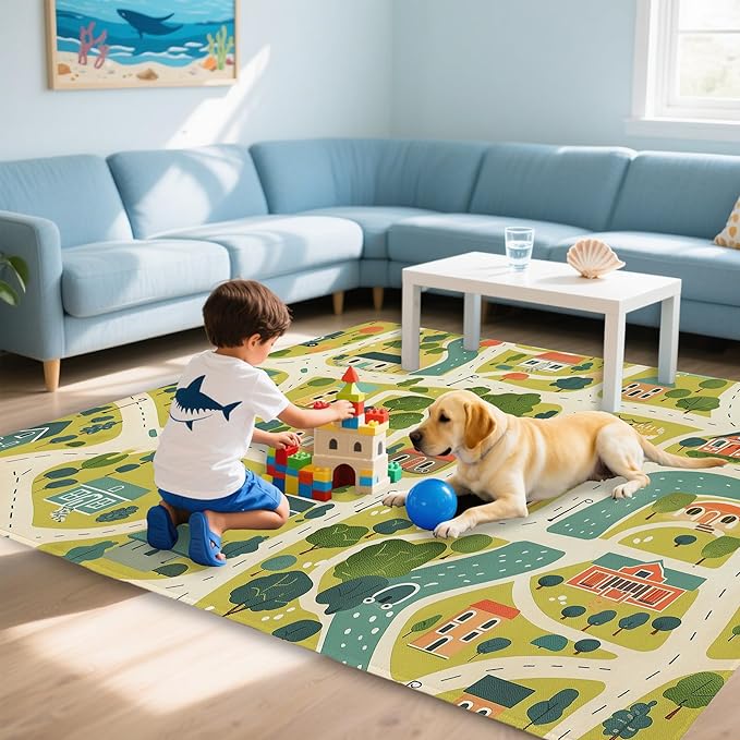 Cute Map Cars Washable 5x7 Area Rugs for Living Room, Thin Low Pile Contemporary Carpet, Non-Slip Base Lightweight Rug