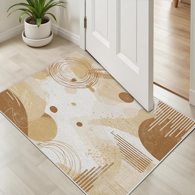 Minimalist Abstract Area Rug 5x6 Beige Boho, Modern Washable Geometric Art Carpet, Soft Non-Slip Low-Pile Carpet for Living Room, Bedroom, Kitchen, Dining Room, Pet Friendly, Non-Shedding, Brown