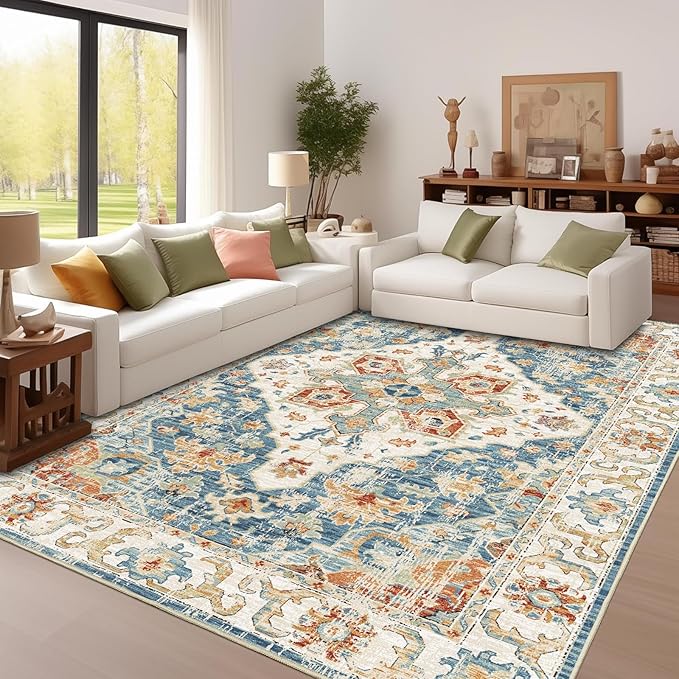 Enkor Area Soft Rugs 9x12 Washable Non Slip Boho Floor Rugs for Living Room Bedroom, Vintage Style Farmhouse Mat for Kitchen Entryway Orange & Blue