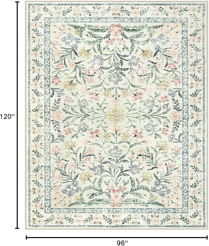 Lahome Boho Rugs for Living Room, Washable Large 8 x 10 Area Rugs for Bedroom Non Slip, Soft Ultra-Thin Distressed Floral Throw Carpet for Office Dining Room, Cream/Multi
