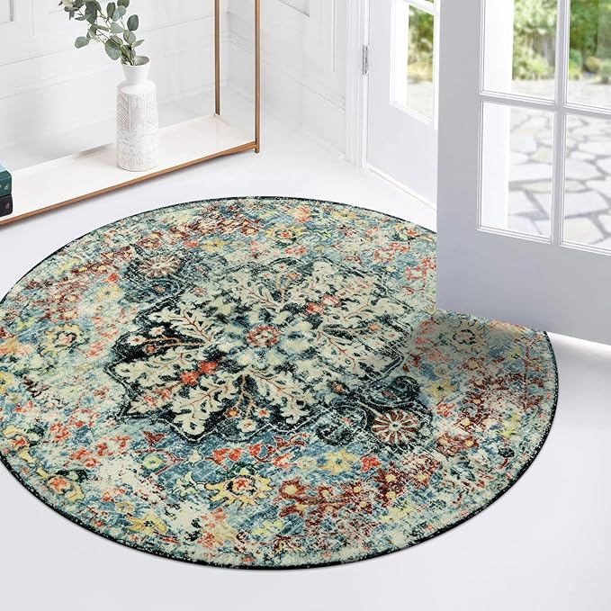 Lahome Bohemian Floral Medallion Round Rug - 3Ft Small Bedroom Round Area Rug Soft Bathroom Circle Mat, Teal Vintage Non Slip Machine Washable Entryway Carpet for Nursery Kitchen Family Room