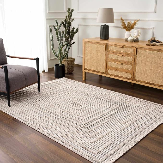 Hauteloom Lunao Living Room, Bedroom Area Rug - Geometric, Solid & Striped - Charcoal, Cream, Beige - 2' x 3'
