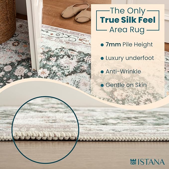 Istana Hallway Runner Rug 2.5x8 - Light Green/Beige Kitchen Rugs Non Slip Washable -Silk's Soft Touch Carpet Runner - Stylish Rugs for Home