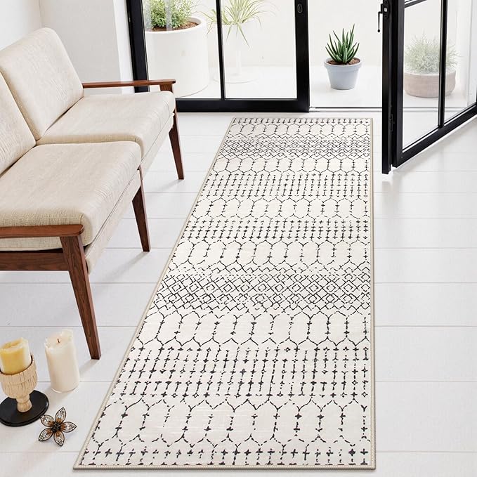 Lahome Moroccan Runners for Hallways 2x8 Beige Washable Runner Rug Non-Slip Stain Resistant Kitchen Rug Runner, Geometric Print Distressed Soft Untra- Thin Floor Carpet for Bedroom Entryway