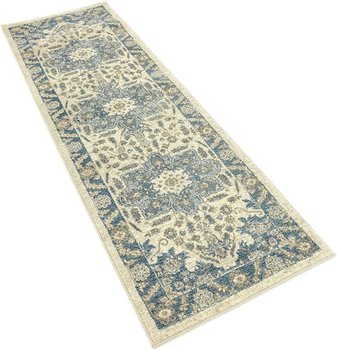 Unique Loom Salzburg Collection Classic Traditional Design Oriental Inspired Border Area Rug (2' 0 x 6' 0 Runner, Beige/Blue)
