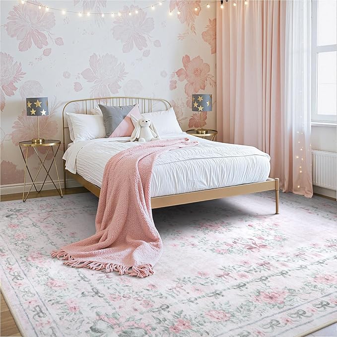 Wonnitar Washable 9x12 Area Rugs, Ultra-Thin Large Area Rug for Living Room, Pink Soft Non Slip Boho Floral Bow Apartment Decor Carpet for Big Bedroom Playroom Nursery Office, Light Pink