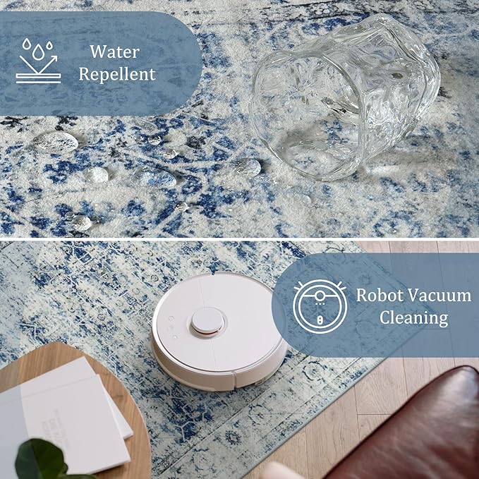 Morebes Vintage Washable Laundry Room Rugs and Mats,2.5x8 Blue Runner Rug Non Slip,Long Runner Rug for Entryway Indoor, Distressed Throw Rug Indoor Entrance Floor Carpet Runner, Blue