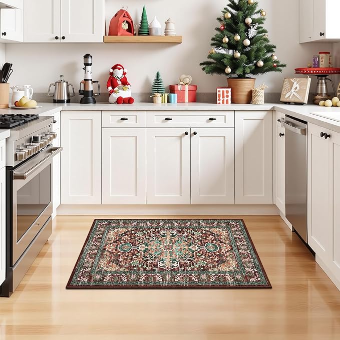 U'Artlines 2x3 Washable Boho Area Rug, Small Non Slip Vintage Doormat for Indoor Front Door Ultra Thin Mat Carpet for Entryway Kitchen Bathroom Bedroom Rust＆Teal