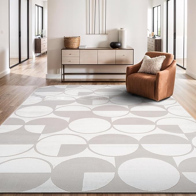 Beverly Rug Modern Geometric Area Rug 8x10 Low-High Pile Durable Soft Abstract Circular Indoor Rugs for Living Dining Room Office Stain Resistant Non Shedding Casual Indoor Carpet Beige White 8 x 10