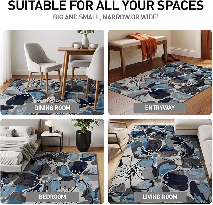 Rugshop Modern Large Floral Non-Slip (Non-Skid) Area Rug 20" X 30" Gray-Blue