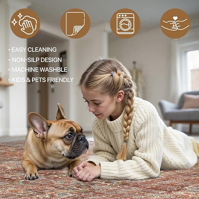 9x12 Area Rug Machine Washable Boho Rug for Living Room,Ultra-Thin Low Pile Carpet,Lightweight Indoor Printed Rug,Non Slip Floral Area Rug for Bedroom, Dining Room, Home Office,Terracotta/Indigo